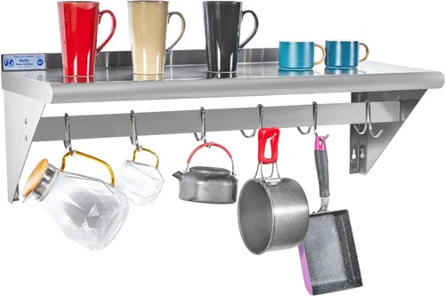 Miniatura 13 de Hally Estante de Acero Inoxidable con 6 Ganchos 12" x 36" Estante para Ollas Montado en Pared, Estantería Flotante Comercial NSF para Almacenamiento