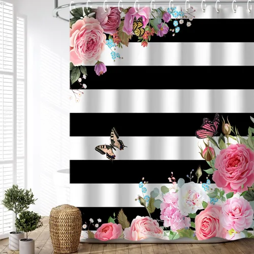 Miniatura 15 de LIVILAN Cortina de ducha con flores rosas y grises, cortinas de ducha florales de acuarela con ganchos, tela blanca y gris, decoración de baño