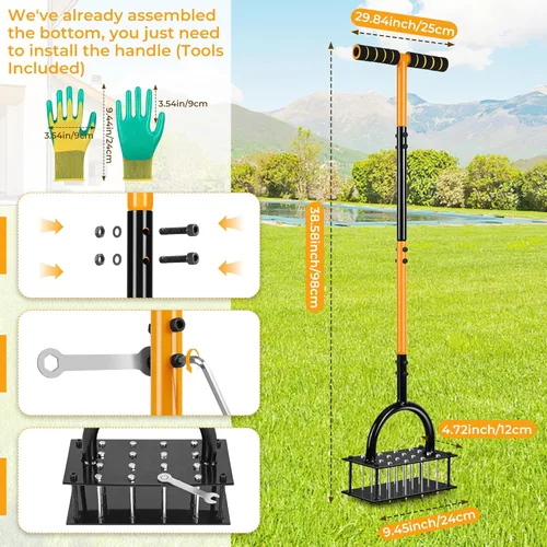 Miniatura 3 de Aireador de césped, herramienta aireadora de césped con base de resorte de 16 picos y guantes premontados, herramienta de aireación manual de patio