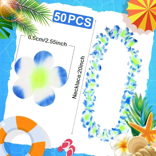 Miniatura 2 de Jexine 50 unidades de collar hawaiano Leis de flores tropicales para fiesta Luau, flores artificiales, lazo para el cuello para decoración de playa