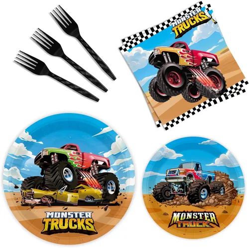 96 Piezas Platos y Servilletas de Monster Truck - Decoraciones de Cumpleaños de Monster Truck y Suministros para Fiestas