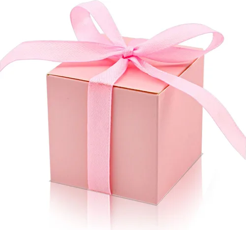 KPOSIYA - 70 Cajas para recuerdos, 2x2x2 pulgadas, cajas de dulces rosas con lazos para decoraciones de boda, baby shower, suministros para fiestas