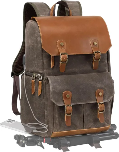 Miniatura 9 de Mochila para cámara Padwa Lifestyle - Bolsa de cámara de lona de memoria encerada resistente al clima para fotógrafos, Café