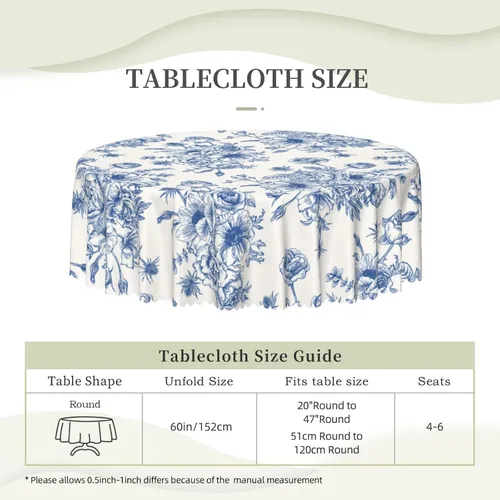 Miniatura 6 de Mantel redondo floral azul y blanco de 60 pulgadas, elegante mantel rústico vintage de flores, resistente a las manchas, impermeable, de poliéster