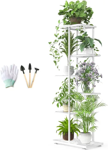 Soporte para plantas de 6 niveles y 7 macetas para interiores con herramientas y guantes de jardinería, organizador de estantes de metal esquineros