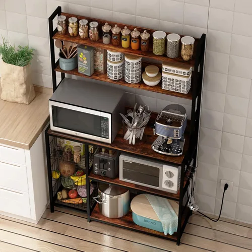 Miniatura 7 de Estante para panaderos con cestas y toma de corriente, estante de almacenamiento de cocina de 5 niveles con ganchos, estante de soporte para horno