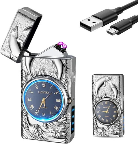 Miniatura 8 de Encendedor eléctrico con reloj YOZWOO USB recargable con luz LED, encendedores de plasma de doble arco con pantalla LED de alimentación para velas