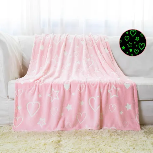 Manta de estrella y corazón que brilla en la oscuridad, regalos para niñas y niños, manta luminosa rosa, manta de franela suave, juguetes para niñas