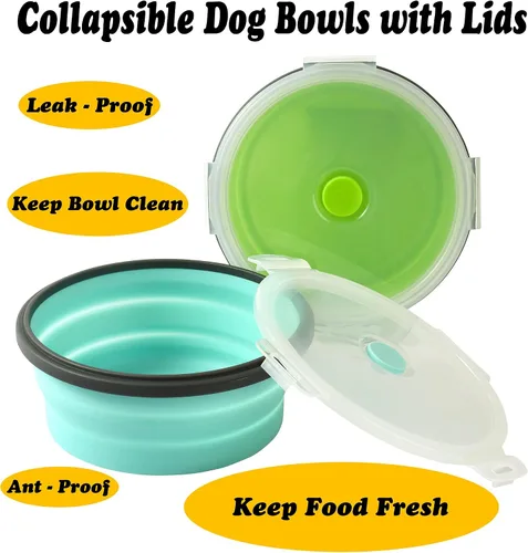 Miniatura 4 de Cuencos plegables para perros con tapas, paquete de 2 cuencos de viaje para perros de tamaño pequeño, cuencos portátiles de silicona para alimentos