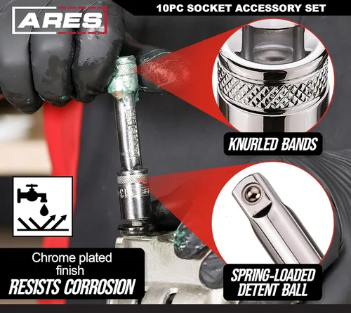 Miniatura 3 de ARES 71270 - Juego de accesorios de 10 piezas, acero al cromo vanadio de alta calidad con acabado espejo, incluye adaptadores de enchufe