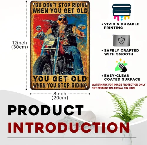 Miniatura 3 de Letrero de metal para motocicleta con texto en inglés "You Don't Stop Riding When You Get Old", regalos vintage para hombres, arte de pared retro