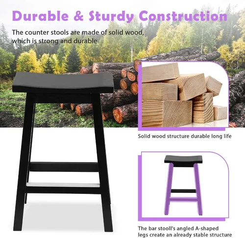 Miniatura 3 de Juego de 2 taburetes de bar de madera maciza con placas de pie de metal, taburetes modernos sin espalda de 24 pulgadas de altura para encimera