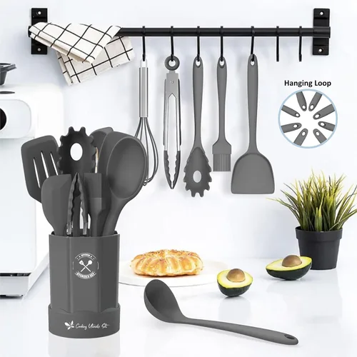 Miniatura 8 de Deedro - Juego de utensilios de cocina de silicona, 16 piezas de utensilios de cocina de silicona, resistentes al calor, con soporte, espátula Gris