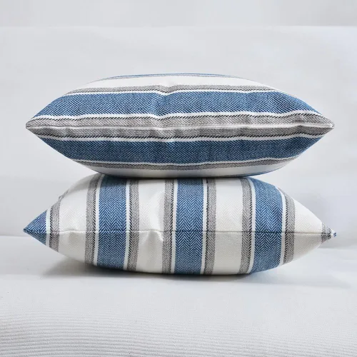 Miniatura 6 de 2 Piezas Fundas de Almohada Azul Marino Blanco a Rayas de Lino Suave Cuadradas Funda de Almohada Decorativa para Sofá con Cierre Oculto - 30,5 x