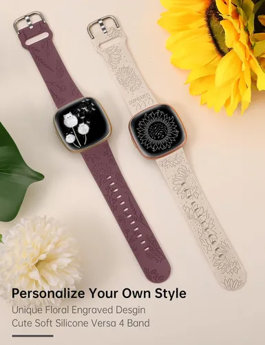 Miniatura 4 de Minyee Paquete de 2 correas grabadas florales compatibles con Fitbit Versa 4/Versa 3/Sense 2/Sense Band para mujer, lindo diseño de girasol