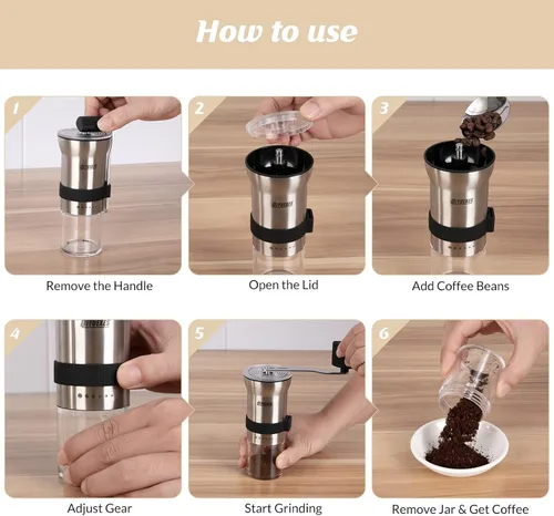 Miniatura 6 de Molinillo de café manual, manivela portátil de acero inoxidable, 6 ajustes de grosor, molinillo de café con rebabas de cerámica, perfecto
