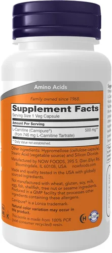 Miniatura 2 de NOW Suplementos, L-carnitina 500 mg, forma más pura, aminoácidos, soporte de fitness*, 60 cápsulas vegetales