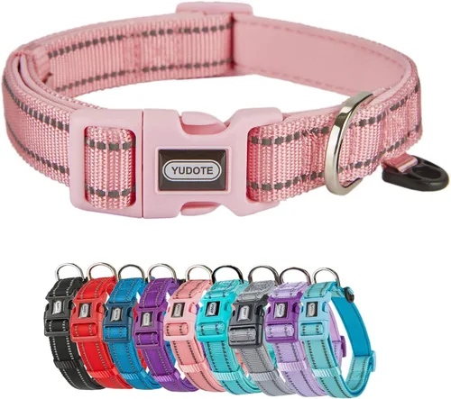 Miniatura 10 de Collar de nailon reflectante para perro con acolchado de neopreno transpirable, ajustable para perros pequeños (9.8 a 15 pulgadas, morado)