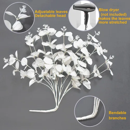 Miniatura 3 de 3 piezas de flores artificiales falsas de eucalipto, flores blancas, tallos de eucalipto sintéticos, flores falsas para relleno de jarrón, centro