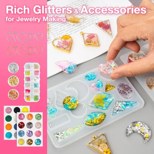 Miniatura 5 de YIEHO Kit de resina UV de 10.58 oz con luz y moldes, kit de fabricación de joyas de resina premezclada endurecida transparente mejorada