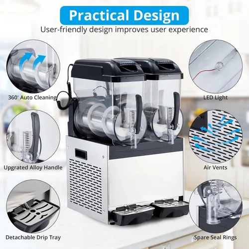 Miniatura 3 de Máquina comercial de granizado 12l 2 tanque 700w máquina congelada bebida, acero inoxidable Margarita vino Slush & Smoothies máquina para Negro