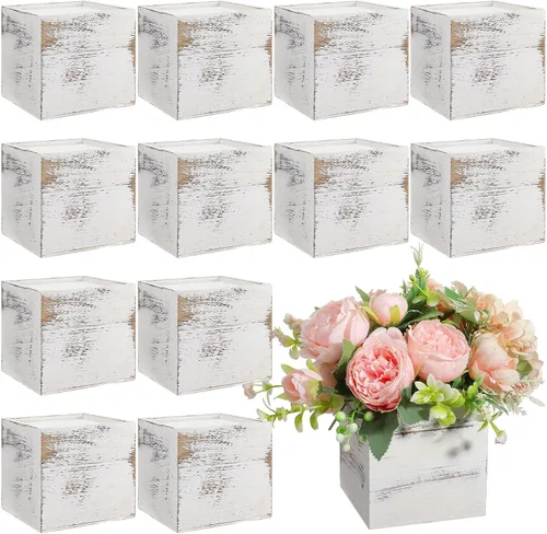 Miniatura 9 de Suzile Juego de 12 Cajas Plantadoras de Madera de 5 Pulgadas Jarrones Cuadrados de Flores para Centro de Mesa Caja Plantadora Cúbica Rústica