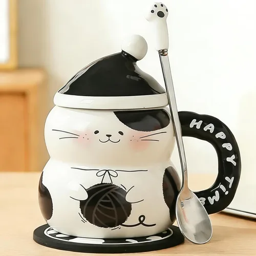 Miniatura 10 de Disoza Taza de Gato con Tapa Regalo de Gato Taza de Té de Cerámica con Cuchara Taza de Té de Café 400 ML Taza de Navidad Regalo de Cumpleaños