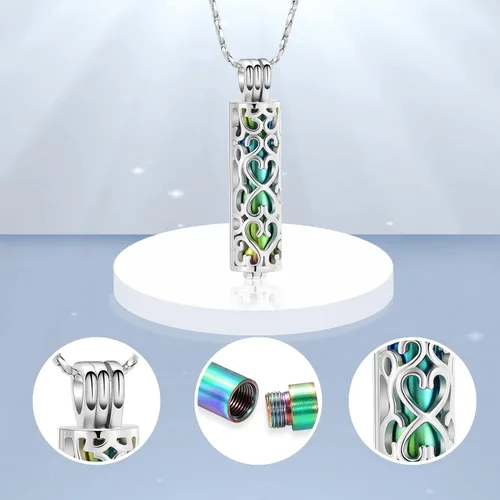 Miniatura 12 de Imrsanl Collar con colgante de urna de cremación con vial de cilindro hueco, urna de recuerdo, joyería de cremación, medallones conmemorativos