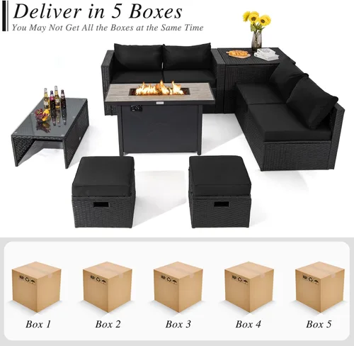 Miniatura 9 de Tangkula Sofá modular de mimbre para exteriores de 9 piezas con mesa de fogata de gas de 42 pulgadas y 60,000 BTU, juego de conversación de patio
