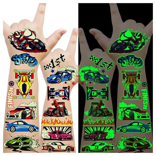 Cerlaza Tatuajes temporales luminosos para niños, 90 estilos de autos brillantes para fiestas de cumpleaños, decoraciones de recuerdos, calcomanías