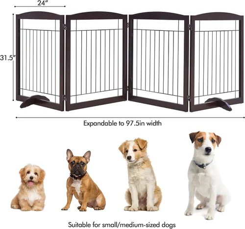 Miniatura 4 de Yaheetech Puerta extra ancha independiente para perros, valla plegable para cachorros con pies de apoyo adecuada para puertas, escaleras, 98 Espresso