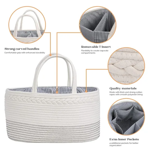 Miniatura 5 de luxury little Organizador de pañales, cesta grande de cuerda de algodón para bebé, organizador de cambiador para almacenamiento de pañales de bebé