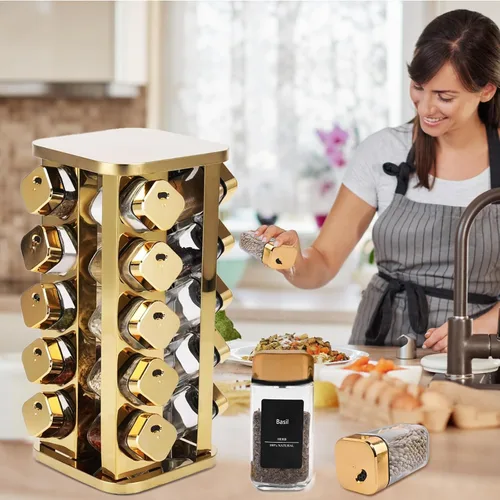 Miniatura 4 de Estante de especias de acero inoxidable para cocina con 20 latas de vidrio de grado alimenticio, soporte vertical giratorio con etiqueta de especias