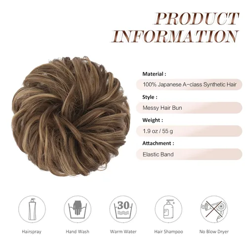 Miniatura 4 de FESHFEN Piezas de pelo para moño desordenado - Coleteros elásticos grandes ondulados y rizados, extensiones de cola de caballo, piezas de pelo