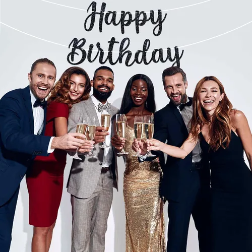 Miniatura 9 de Cartel de feliz cumpleaños pre-encordado – No DIY – Cartel negro de feliz cumpleaños para hombres y mujeres – Guirnalda preencordada en hebras de 6
