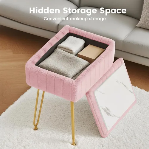 Miniatura 4 de FUXA Taburete de tocador con almacenamiento, silla de maquillaje de piel sintética con 4 patas de metal y pies antideslizantes, asiento acolchado