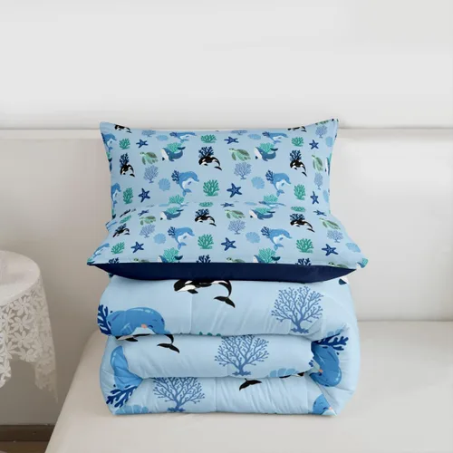 Miniatura 7 de Erosebridal Blue Ocean - Juego de edredón tamaño individual Juego de ropa de cama de ballena delfín y tortuga marina para niños y niñas, juego