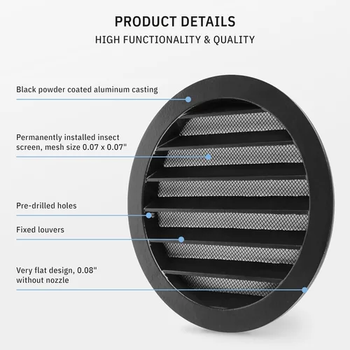 Miniatura 4 de calimaero® WSGB Rejilla de Ventilación de Aire de Metal Redondo Negro de 5 Pulgadas con Persiana Plana y Malla Antimoscas Compatible Solo