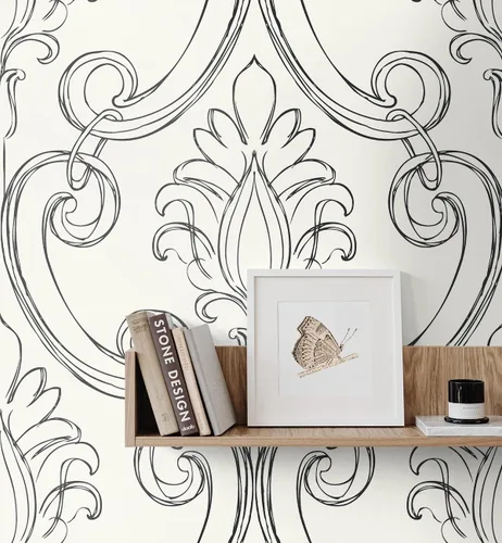 Miniatura 6 de NextWall Papel tapiz autoadhesivo de damasco esbozado (ébano)