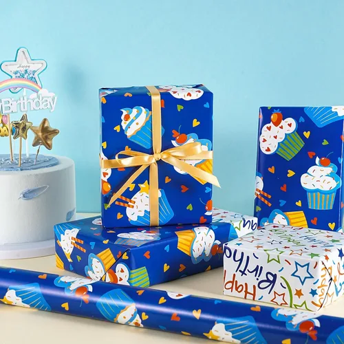 Miniatura 5 de RUSPEPA Rollo de papel de regalo reversible de cumpleaños, mini rollo, diseño de cupcake azul y texto colorido feliz con estrellas, colorido