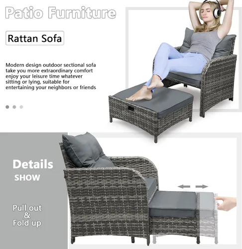 Miniatura 3 de Silla de Patio con Otomanas y Mesa, Juego de Muebles de Patio al Aire Libre de Ratán de Mimbre PE de 5 Piezas, Diseño que Ahorra Espacio Sillas
