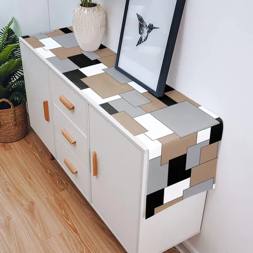 Miniatura 5 de Camino de mesa de lino de arpillera de 108 pulgadas de largo, arte abstracto moderno, bloque de color, camino de mesa gris y marrón para tocador