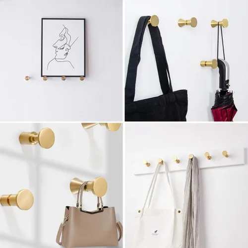 Miniatura 5 de TECI Ganchos dorados de latón macizo (paquete de 2) resistentes montados en la pared. Perfecto para bolsos, abrigos, sombreros, bolsos, mochilas
