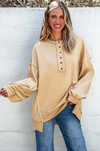 Miniatura 3 de AlvaQ - Sudadera de gran tamaño para mujer, informal, de manga larga, con botones y cuello Henley, tipo túnica