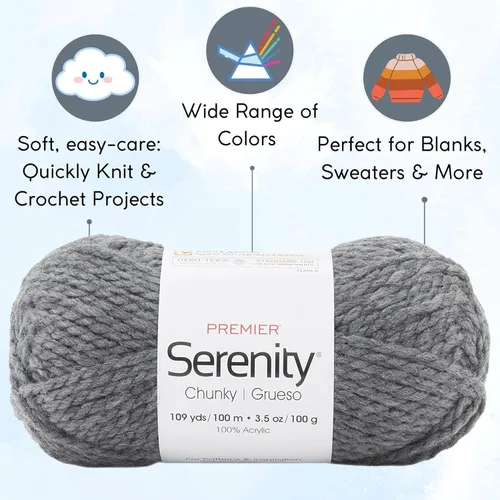 Miniatura 2 de Premier Yarns Serenity Chunky Solid Smoke 700-41 (3 madejas, el mismo lote de tinte) - Hilo acrílico grueso y voluminoso #5 para ganchillo y tejer