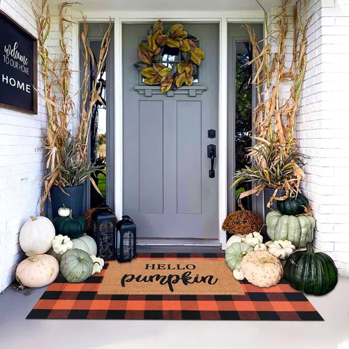 Miniatura 4 de Alfombra a Cuadros Naranja y Negra, 3 x 5 Pies, Alfombra Decorativa de Otoño para Puerta Delantera al Aire Libre, Alfombra de Algodón Lavable Tejida