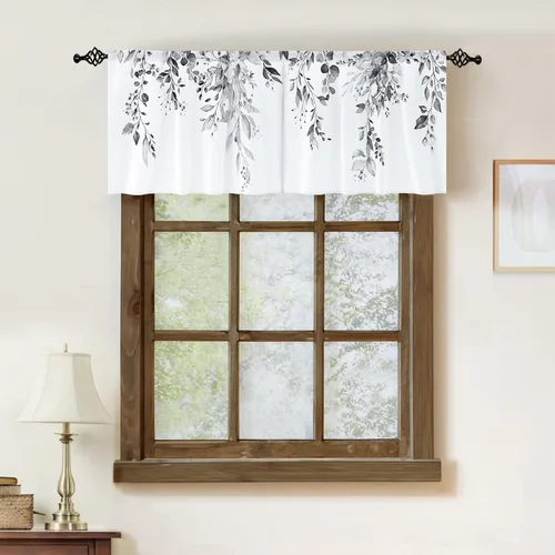Miniatura 6 de Cortina de eucalipto negro y gris, cenefa para tratamiento de ventana, estilo bohemio, rústico, floral, bolsillo para barra, cortinas de ventana