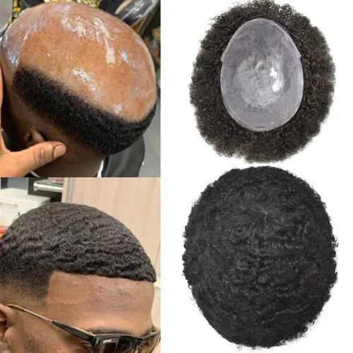 Miniatura 13 de Afro Toupee para hombres negros, sistema de reemplazo de cabello humano brasileño para hombres afroamericanos africanos afroamericanos, piezas