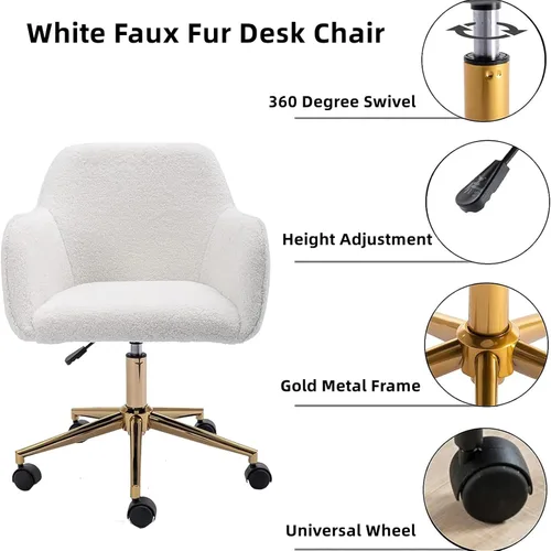 Miniatura 4 de Silla de escritorio esponjosa, silla de tocador de piel sintética blanca, silla giratoria de oficina para niñas y mujeres, altura ajustable, lindas