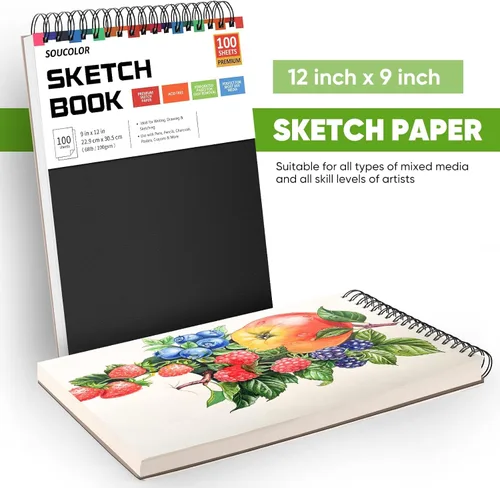 Miniatura 5 de Soucolor - Cuaderno de bocetos de 9 x 12 pulgadas, paquete de 4 de 100 hojas, encuadernado en espiral, libre de ácido (68 libras/100 g/m²), papel